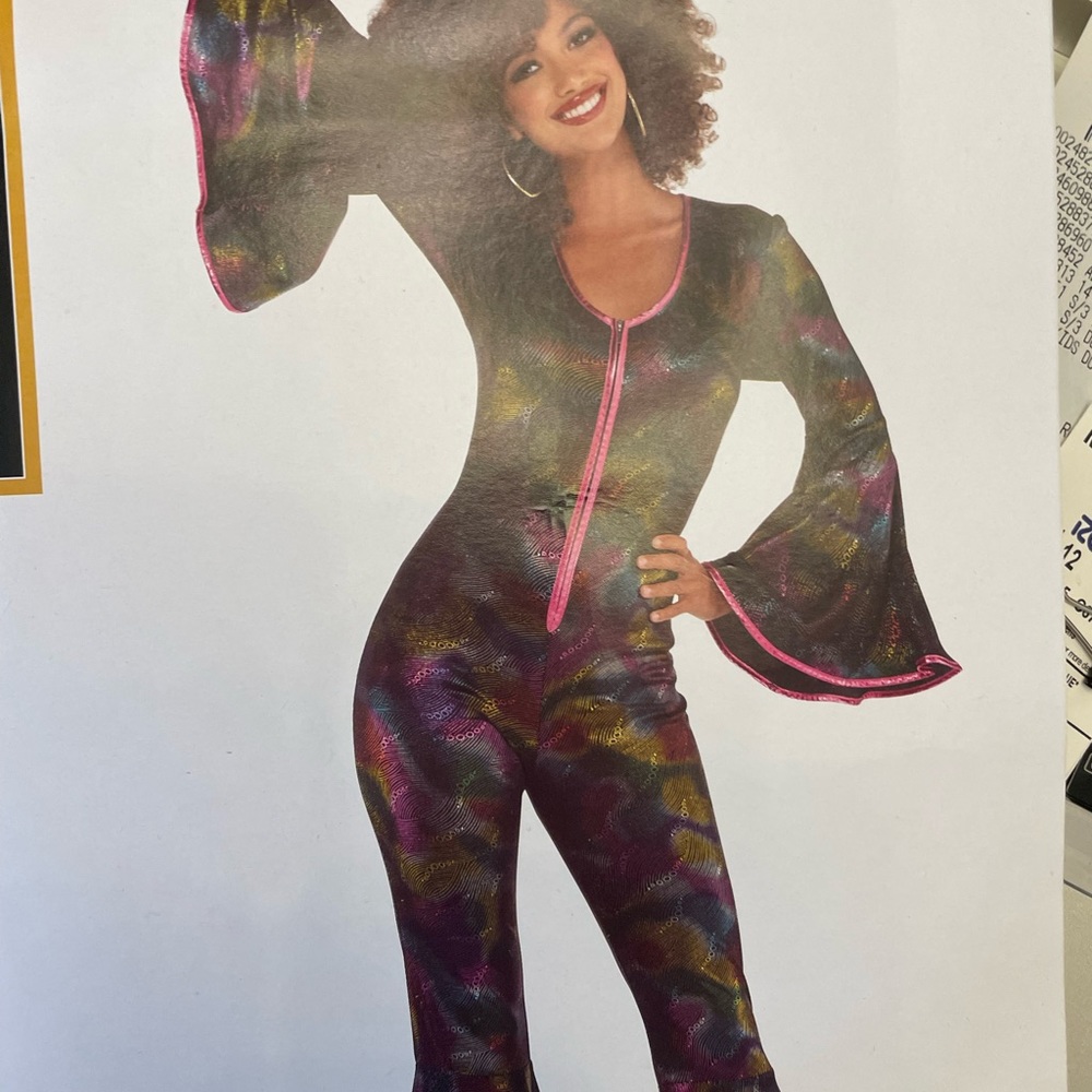 Boogie Down 70s Disco Diva Costume Jumpsuit Psychedelic Colorful Halloween NEW - Picture 3 of 4